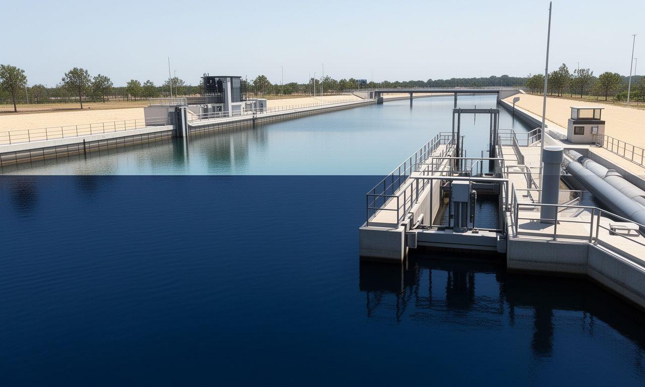 Nowoczesna infrastruktura wodna z elementami technicznymi i spokojną taflą wody, symbolizująca rozliczenia podatkowe inwestycji