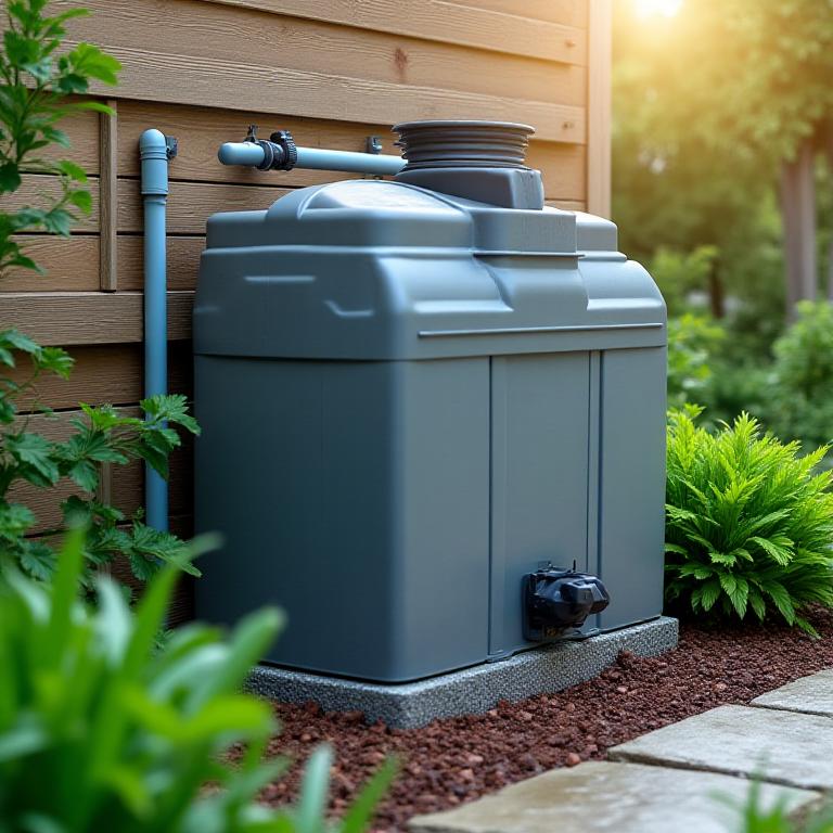Zbiornik na wodę deszczową w ogrodzie z elementami instalacji retencyjnej